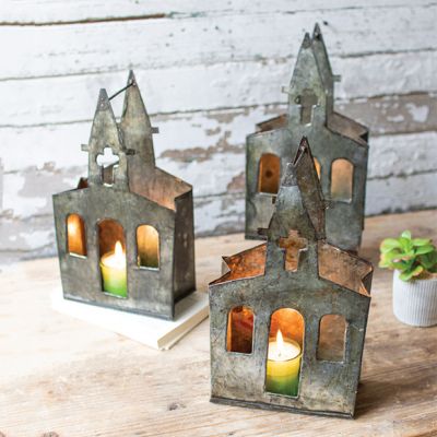 Recycled Metal Church Candle Holder Set of 6