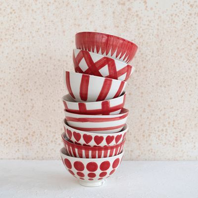 Red and White Painted Stoneware Bowl Set of 8