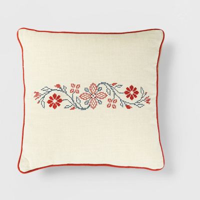 Red Trim Embroidered Floral Throw Pillow