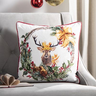 Reindeer Wreath Holiday Accent Pillow