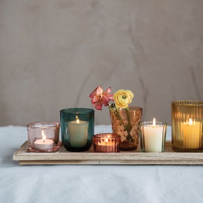 Retro Hues Glass Candle Holders With Wood Tray