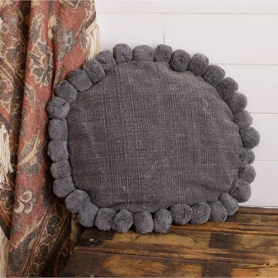 Round Blue Throw Pillow With Poms
