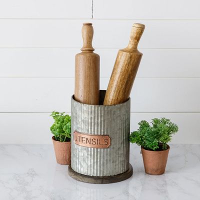 Round Metal Utensil Holder With Wood Base