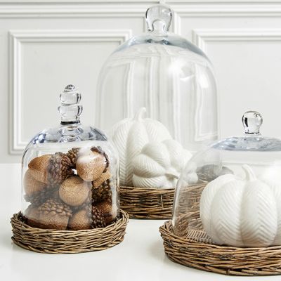 Round Wicker Tray with Glass Cloche Top Set of 3