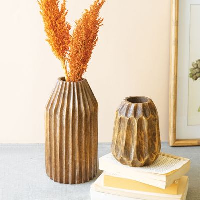 Rustic Elegance Carved Wood Vases Set of 2