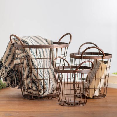 Rustic Farmhouse Handled Metal Storage Baskets Set of 3
