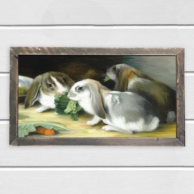Rustic Framed Bunnies Eating Cabbage Wall Art