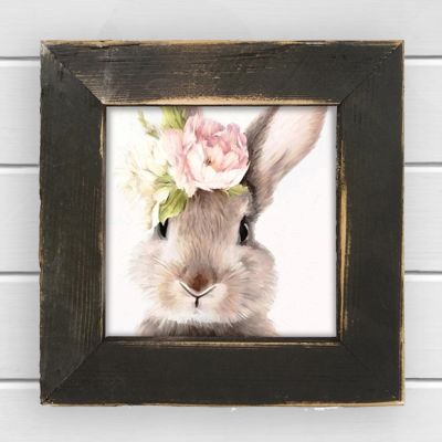 Rustic Framed Bunny Face with Flower Wall Art