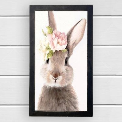 Rustic Framed Bunny with Flowers Wall Art