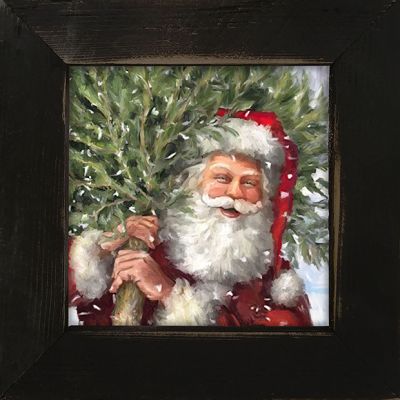 Rustic Framed Classic Santa Carrying Tree Wall Art