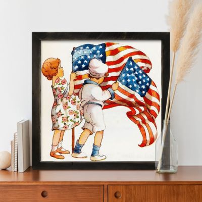 Rustic Framed Vintage Kids With Flags Wall Art