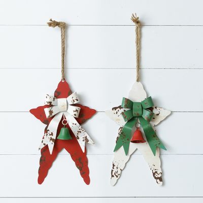Rustic Hanging Metal Star With Bow Set of 2