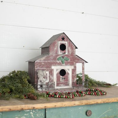 Rustic Holiday Barn Birdhouse with Snowman