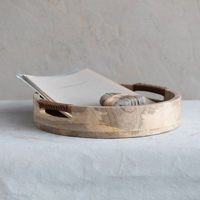 Rustic Mango Wood Tray With Leather Handles