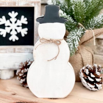 Rustic Painted Wood Snowman With Hat Set of 2