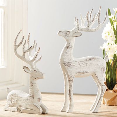 Rustic Whitewash Reindeer Figurines Set of 2