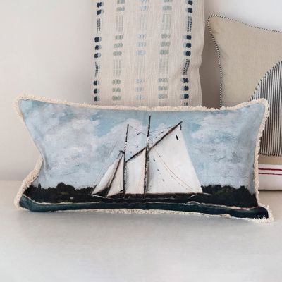 Sailboat Print Lumbar Pillow With Fringe