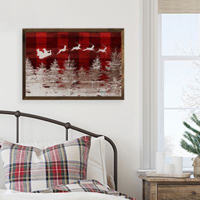 Santa's Sleigh Plaid Red Framed Wall Art