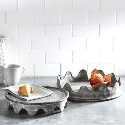 Scalloped Metal Pedestal Tray Set of 2