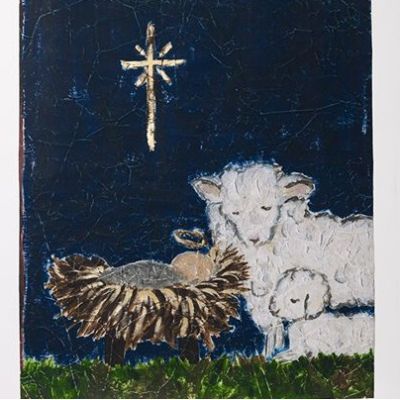 Sheep at the Manger Paper Wall Art