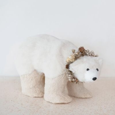 Shimmering Faux Fur Polar Bear With Wreath Figurine