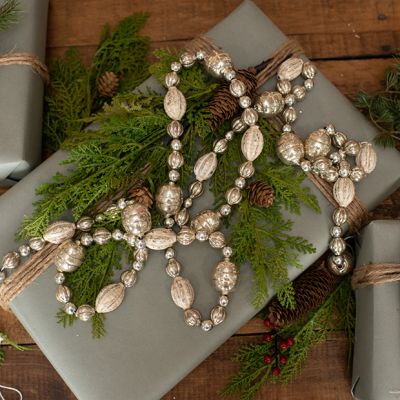 Silver and White Oval Glass Bead Garland