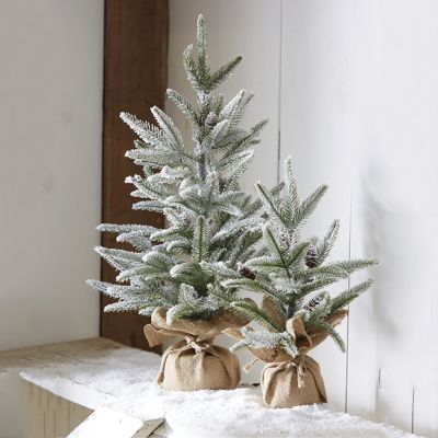 Snow Flocked Tree With Pinecones In Burlap Bag 16 Inch