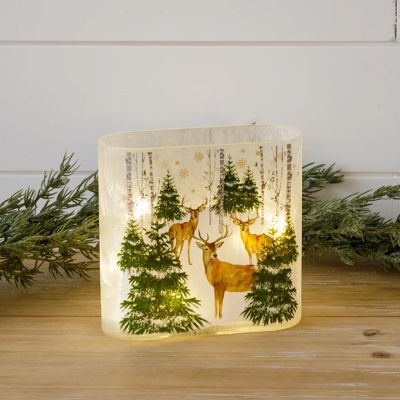 Snowy Pines and Deer Glass Luminary