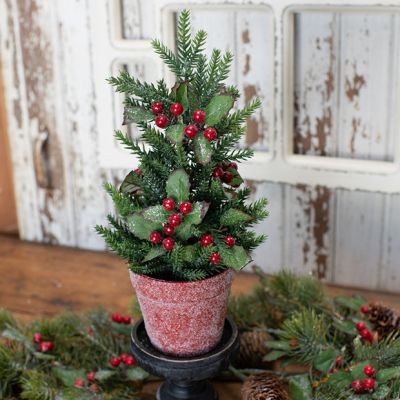 Sparkling Faux Pine and Holly Tree In Pot