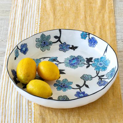 Stamped Blue Floral Stoneware Serving Bowl