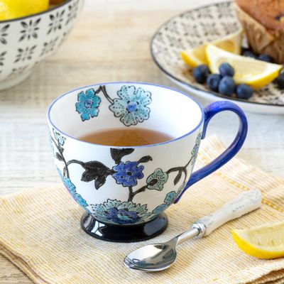 Stamped Blue Floral Stoneware Tea Cup