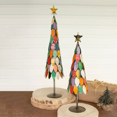 Star Topped Recycled Metal Christmas Trees Set of 2