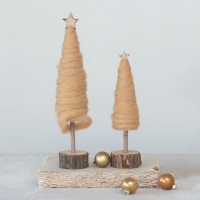 Star Topped Wool Tree on Wood Slice Base
