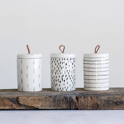 Stoneware Canister With Leather Pull Top Set of 3