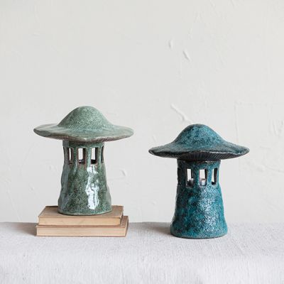 Stoneware Garden Mushroom Lantern Set of 2