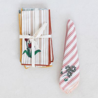 Striped Napkin With Floral Embroidery Set of 4