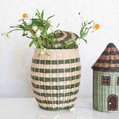 Striped Rattan Basket With Lid