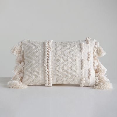 Textured Chevron And Stripe Lumbar Pillow With Tassels