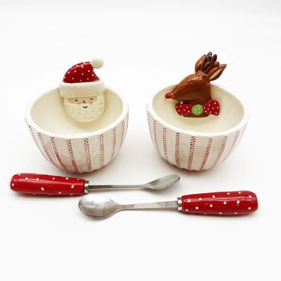 Ticking Stripe Santa and Reindeer Bowl With Spoon Set of 2