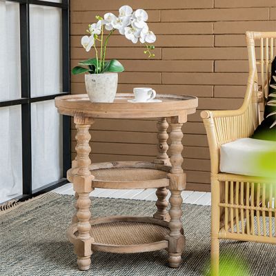 Tiered Round Natural Wood Rattan Side Table
