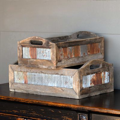 Tin Sided Reclaimed Wood Crate Trays Set of 2