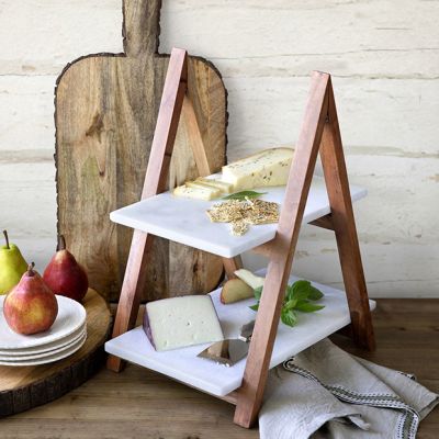 Two Tier Wood and Marble Cheese Server