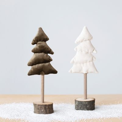 Velvet Christmas Tree on Wood Base Set of 2
