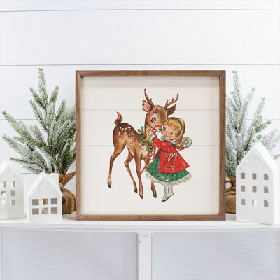 Vintage Deer With Girl Framed Holiday Wall Art