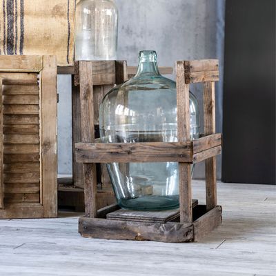 Vintage Glass Bottle in Wooden Crate Vase