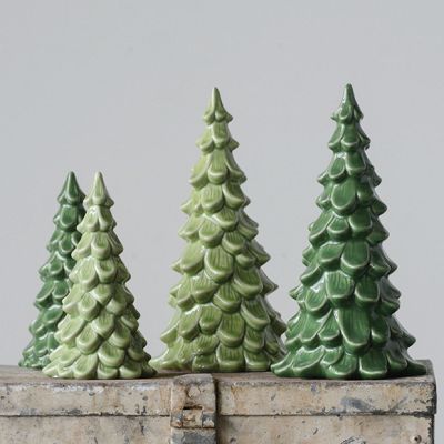 Vintage Inspired Stoneware Christmas Tree Figurine Set of 2 5.5 Inch