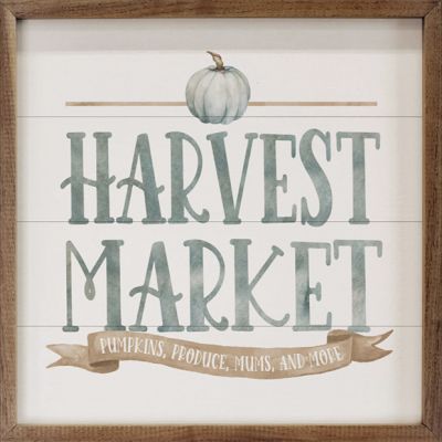 Watercolor Blue Harvest Market Pumpkin White Framed Sign