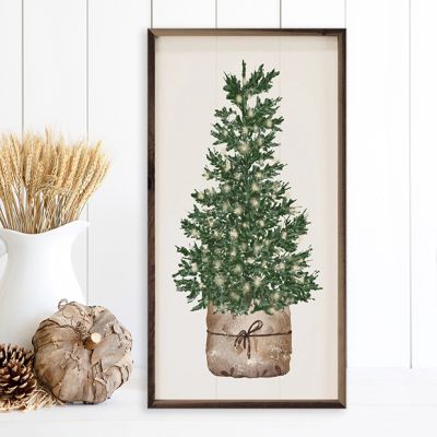 Watercolor Christmas Tree With Lights Wood Wall Art
