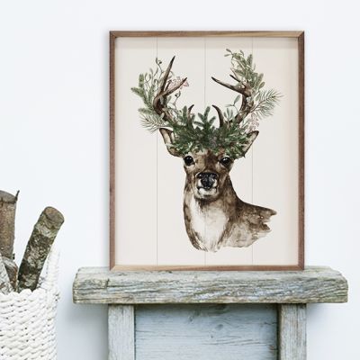 Watercolor Deer Pine Antlers Framed Wall Art