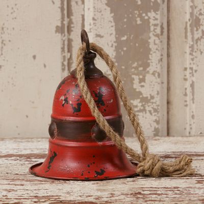 Weathered Red Bell On Rope Hanger Set of 2